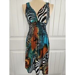Raya Sun Jungle Colorful Zebra Print Surplice Dress Smocked Waist Sz M